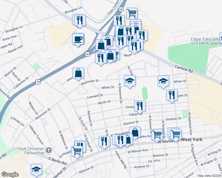 map of restaurants, bars, coffee shops, grocery stores, and more near 1940 Leonard Street in York