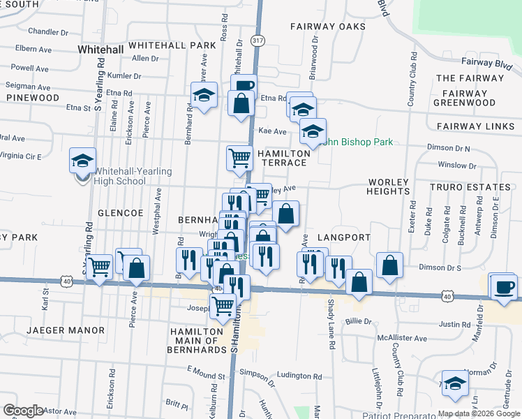 map of restaurants, bars, coffee shops, grocery stores, and more near 850 South Hamilton Road in Whitehall