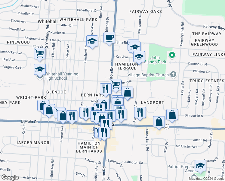 map of restaurants, bars, coffee shops, grocery stores, and more near 850 South Hamilton Road in Whitehall