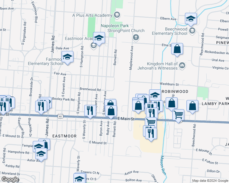 map of restaurants, bars, coffee shops, grocery stores, and more near 689 Maplewood Avenue in Columbus