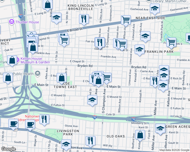 map of restaurants, bars, coffee shops, grocery stores, and more near 333 South Ohio Avenue in Columbus