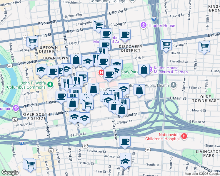 map of restaurants, bars, coffee shops, grocery stores, and more near 333 East Rich Street in Columbus