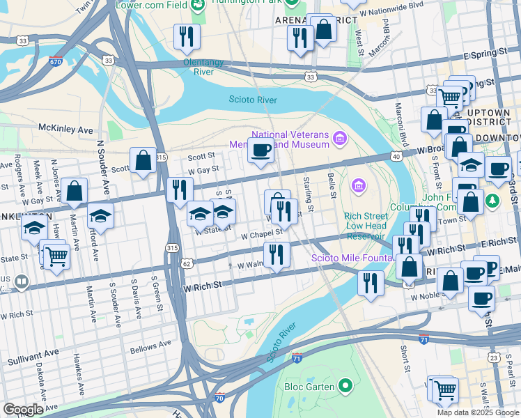 map of restaurants, bars, coffee shops, grocery stores, and more near 481 West State Street in Columbus