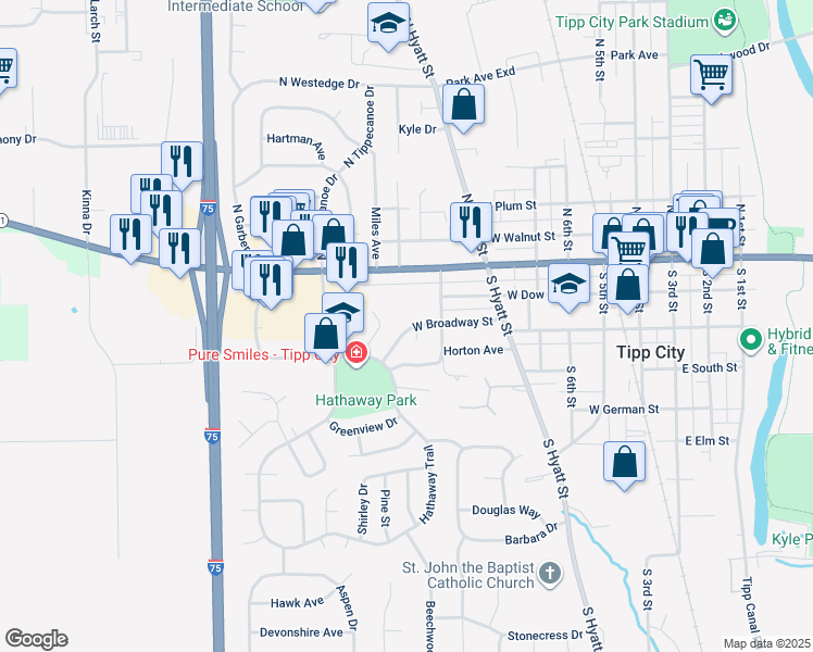 map of restaurants, bars, coffee shops, grocery stores, and more near 22 Regency Square in Tipp City