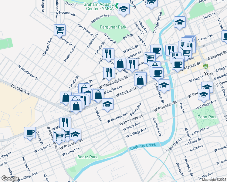 map of restaurants, bars, coffee shops, grocery stores, and more near 23 North Hartley Street in York