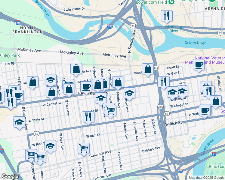 map of restaurants, bars, coffee shops, grocery stores, and more near W Broad St & Jones Ave in Columbus