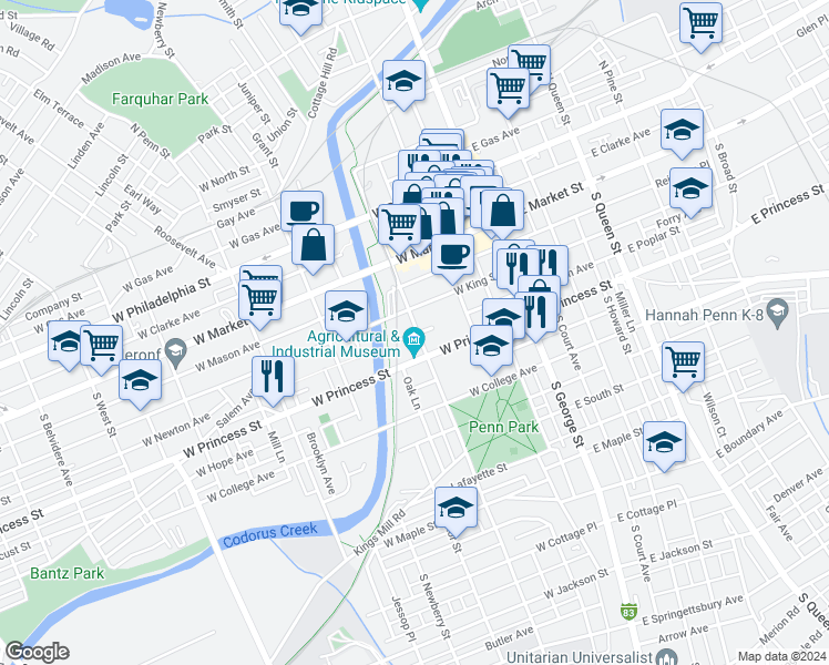 map of restaurants, bars, coffee shops, grocery stores, and more near 122 South Pershing Avenue in York