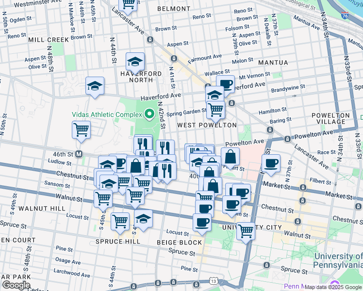 map of restaurants, bars, coffee shops, grocery stores, and more near 307 North 41st Street in Philadelphia