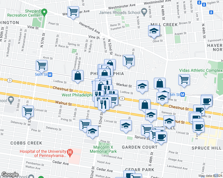 map of restaurants, bars, coffee shops, grocery stores, and more near 5138 Ludlow Street in Philadelphia