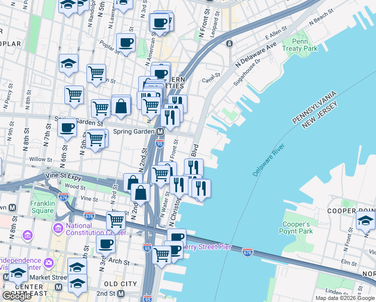 map of restaurants, bars, coffee shops, grocery stores, and more near in Philadelphia