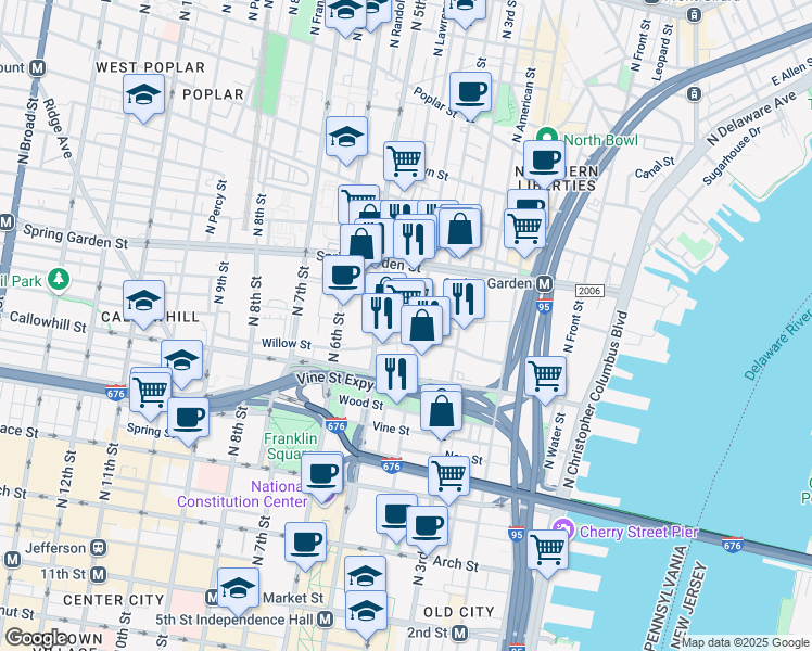 map of restaurants, bars, coffee shops, grocery stores, and more near 444 North 4th Street in Philadelphia