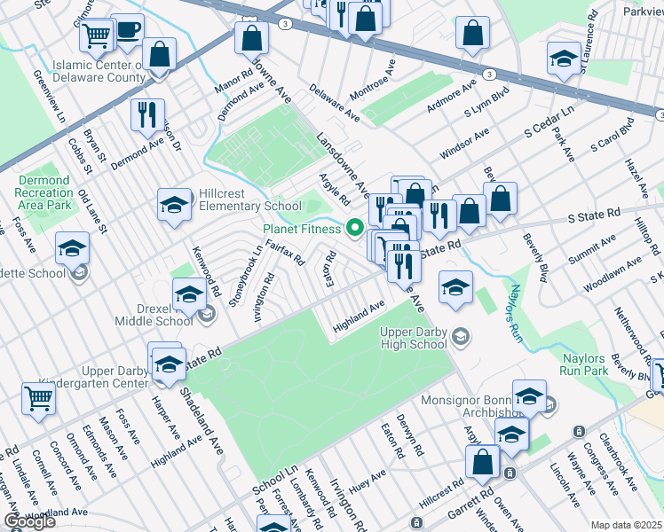 map of restaurants, bars, coffee shops, grocery stores, and more near 833 Eaton Road in Drexel Hill