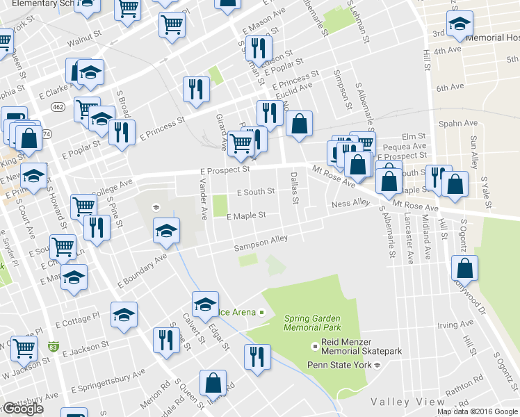 map of restaurants, bars, coffee shops, grocery stores, and more near 631 Courtland Street in York