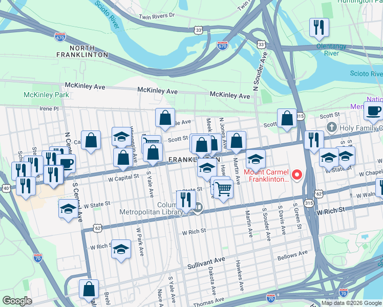 map of restaurants, bars, coffee shops, grocery stores, and more near 1042 West Broad Street in Columbus