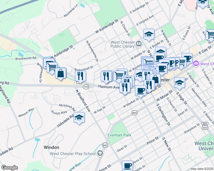 map of restaurants, bars, coffee shops, grocery stores, and more near 445 Hannum Avenue in West Chester