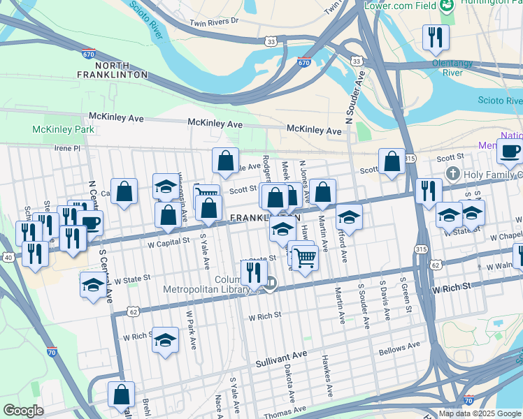 map of restaurants, bars, coffee shops, grocery stores, and more near 1042 West Broad Street in Columbus