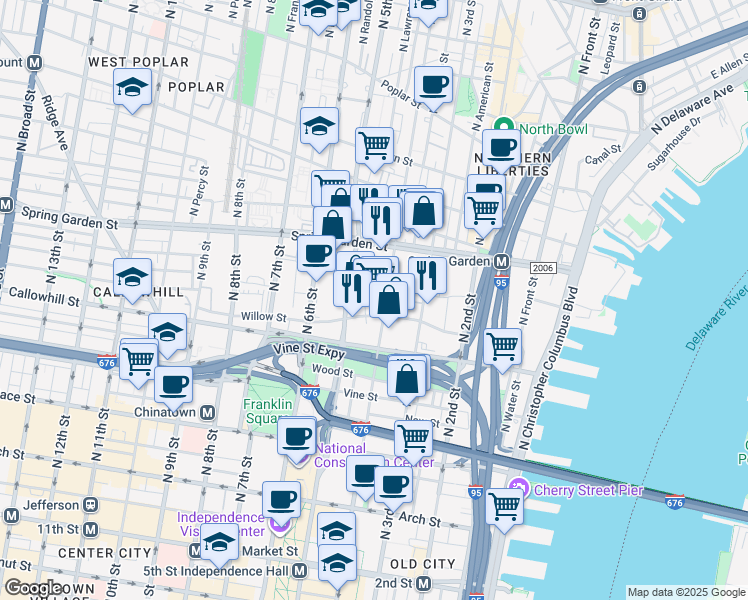 map of restaurants, bars, coffee shops, grocery stores, and more near 444 North 4th Street in Philadelphia