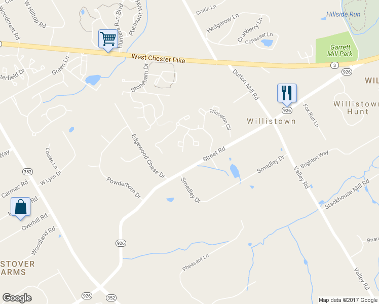 map of restaurants, bars, coffee shops, grocery stores, and more near 1204 Wharton Court in Newtown Square