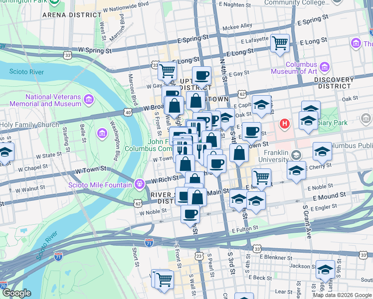 map of restaurants, bars, coffee shops, grocery stores, and more near 140 South High Street in Columbus