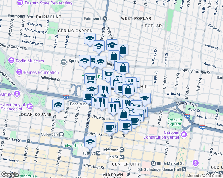 map of restaurants, bars, coffee shops, grocery stores, and more near 1238 Callowhill Street in Philadelphia