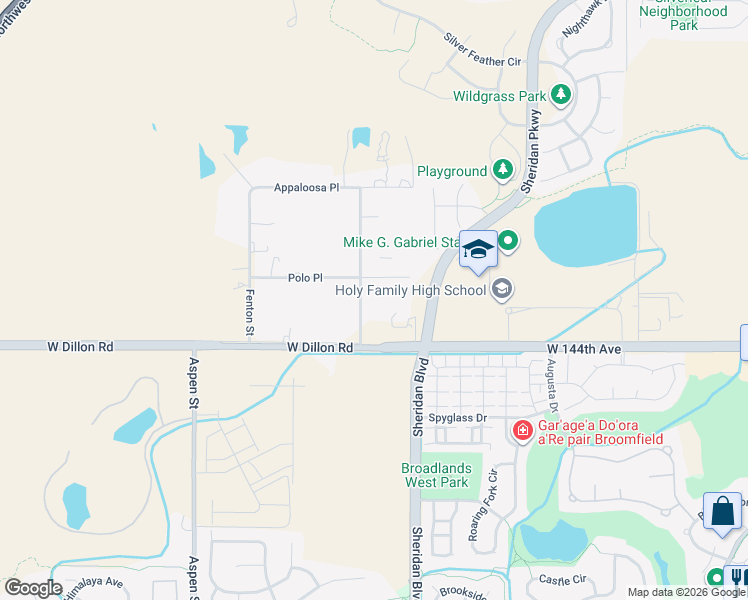 map of restaurants, bars, coffee shops, grocery stores, and more near 14563 Sheridan Boulevard in Broomfield