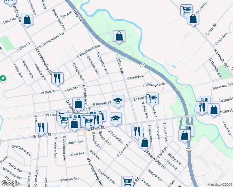 map of restaurants, bars, coffee shops, grocery stores, and more near 319 East Broadway in Maple Shade