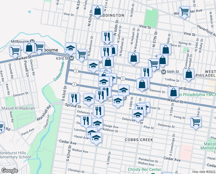 map of restaurants, bars, coffee shops, grocery stores, and more near 147 South 60th Street in Philadelphia