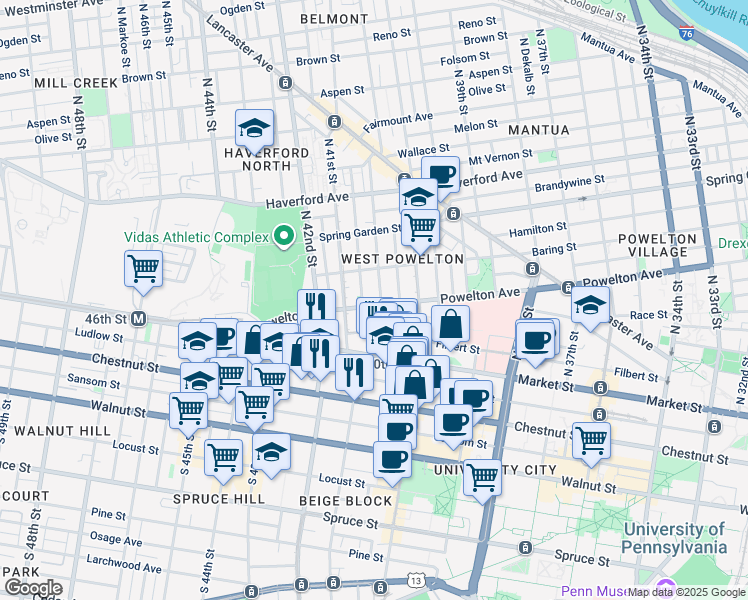 map of restaurants, bars, coffee shops, grocery stores, and more near 4039 Powelton Avenue in Philadelphia
