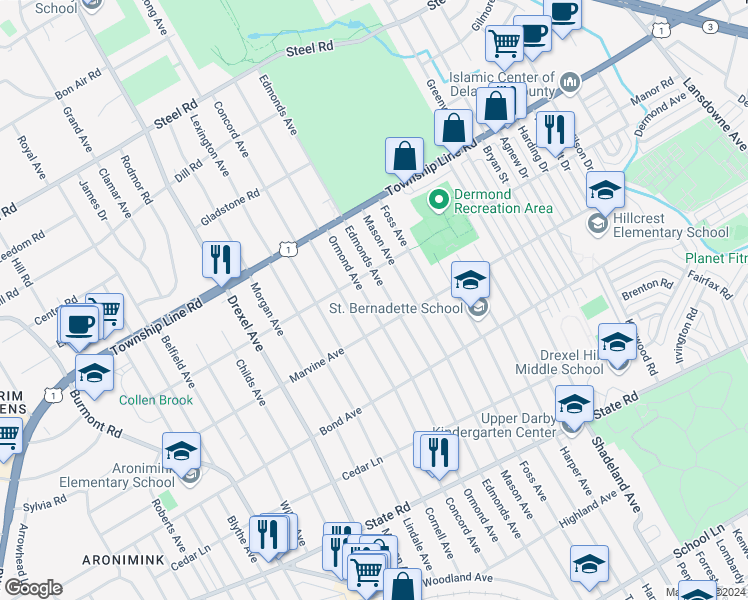 map of restaurants, bars, coffee shops, grocery stores, and more near 1109 Ormond Avenue in Drexel Hill