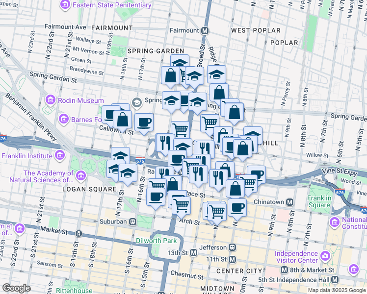 map of restaurants, bars, coffee shops, grocery stores, and more near 322 North Broad Street in Philadelphia