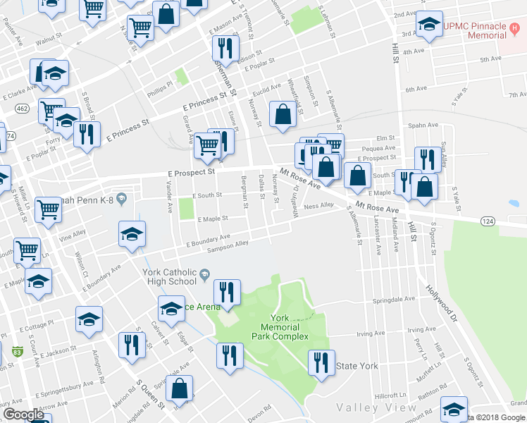 map of restaurants, bars, coffee shops, grocery stores, and more near 625 Dallas Street in York