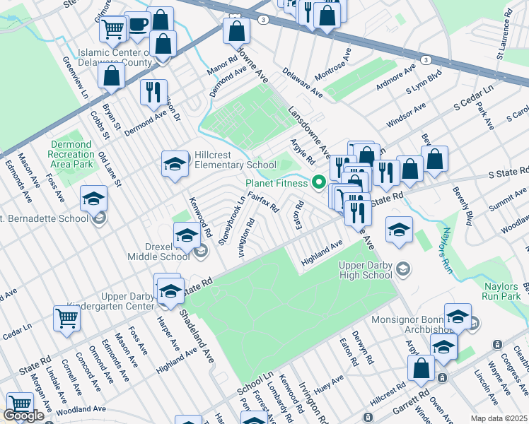 map of restaurants, bars, coffee shops, grocery stores, and more near 857 Gainsboro Road in Drexel Hill