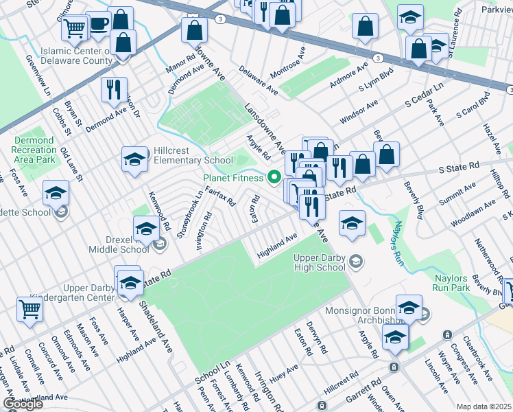 map of restaurants, bars, coffee shops, grocery stores, and more near 833 Eaton Road in Drexel Hill