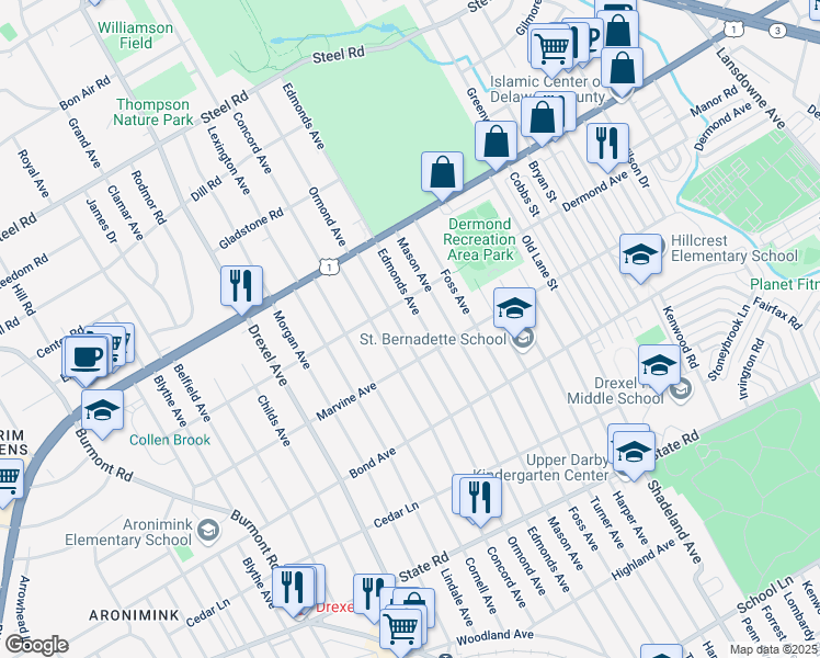 map of restaurants, bars, coffee shops, grocery stores, and more near 1109 Ormond Avenue in Drexel Hill