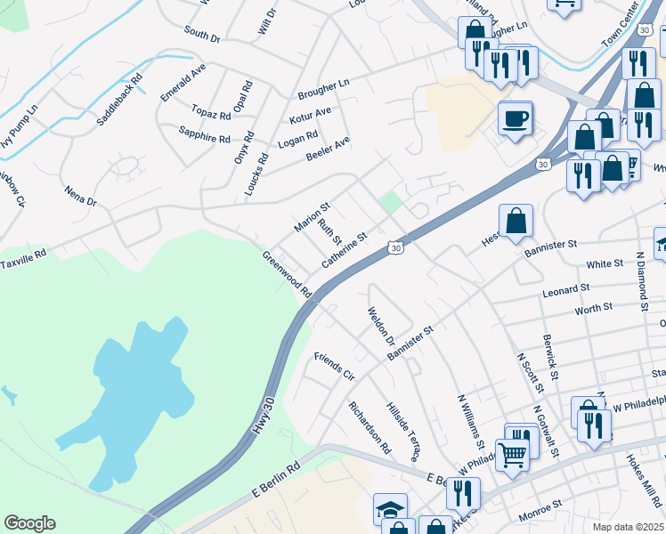 map of restaurants, bars, coffee shops, grocery stores, and more near 2400 Catherine Street in York