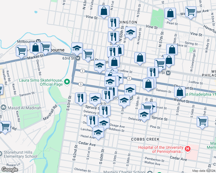 map of restaurants, bars, coffee shops, grocery stores, and more near 6015 Walnut Street in Philadelphia