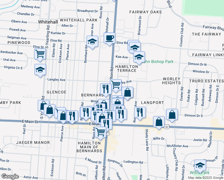 map of restaurants, bars, coffee shops, grocery stores, and more near 639 South Hamilton Road in Whitehall