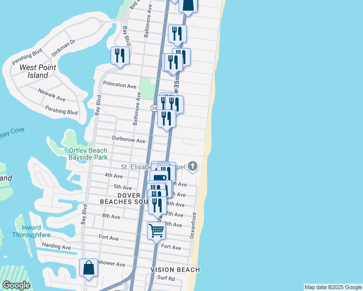 map of restaurants, bars, coffee shops, grocery stores, and more near 23 Dover Avenue in Seaside Heights