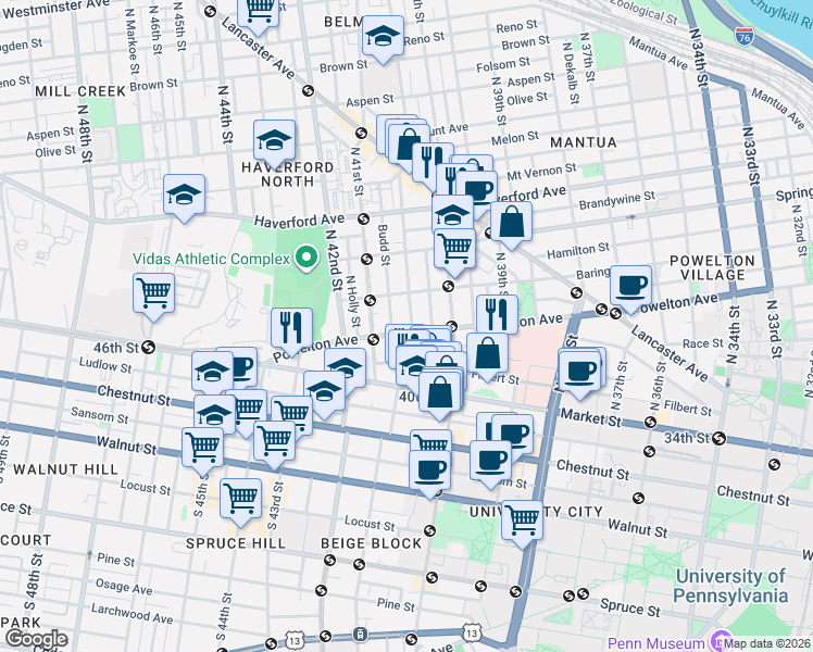 map of restaurants, bars, coffee shops, grocery stores, and more near 4036 Baring Street in Philadelphia