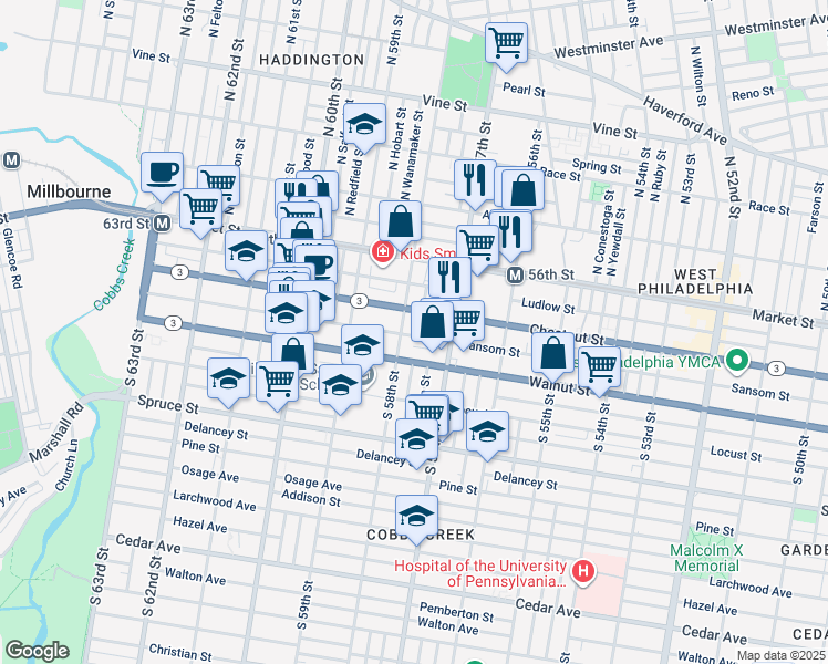 map of restaurants, bars, coffee shops, grocery stores, and more near 118 South Cecil Street in Philadelphia
