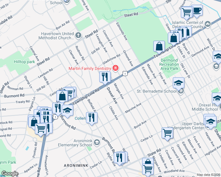 map of restaurants, bars, coffee shops, grocery stores, and more near 2 North Morgan Avenue in Havertown