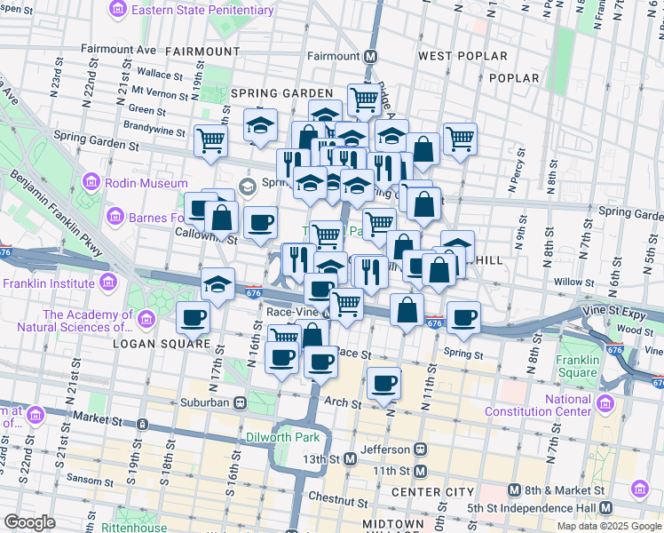 map of restaurants, bars, coffee shops, grocery stores, and more near 401 North Broad Street in Philadelphia