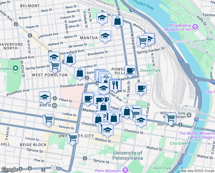 map of restaurants, bars, coffee shops, grocery stores, and more near 206 North 36th Street in Philadelphia