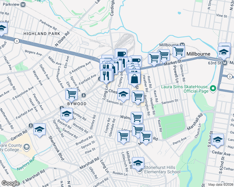 map of restaurants, bars, coffee shops, grocery stores, and more near 45 Copley Road in Delaware County