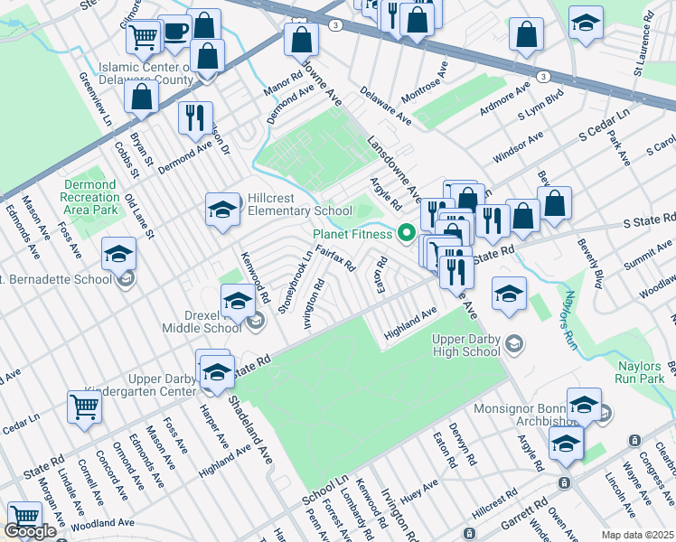 map of restaurants, bars, coffee shops, grocery stores, and more near 857 Gainsboro Road in Drexel Hill