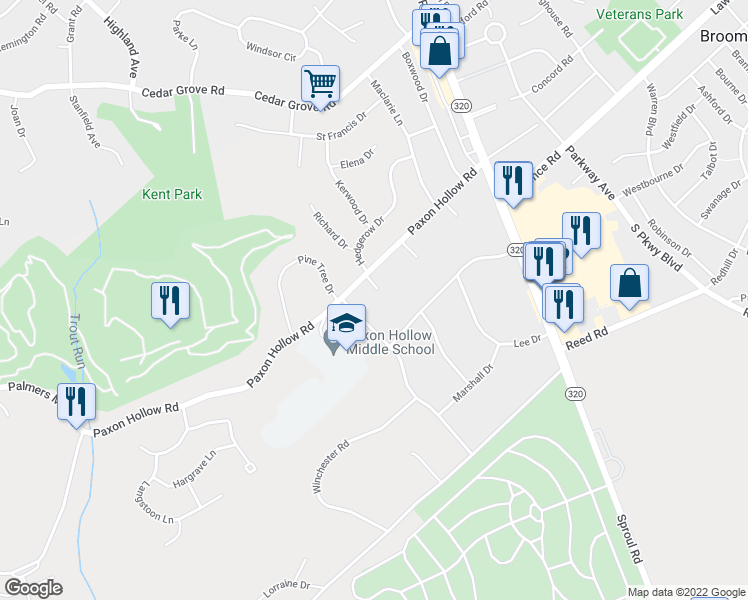 map of restaurants, bars, coffee shops, grocery stores, and more near 724 Paxon Hollow Road in Broomall