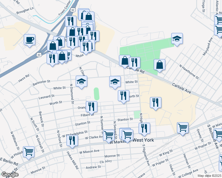 map of restaurants, bars, coffee shops, grocery stores, and more near 1800 Bannister Street in York