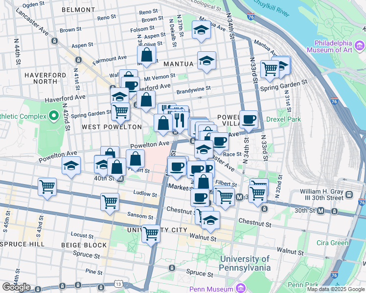 map of restaurants, bars, coffee shops, grocery stores, and more near in Philadelphia
