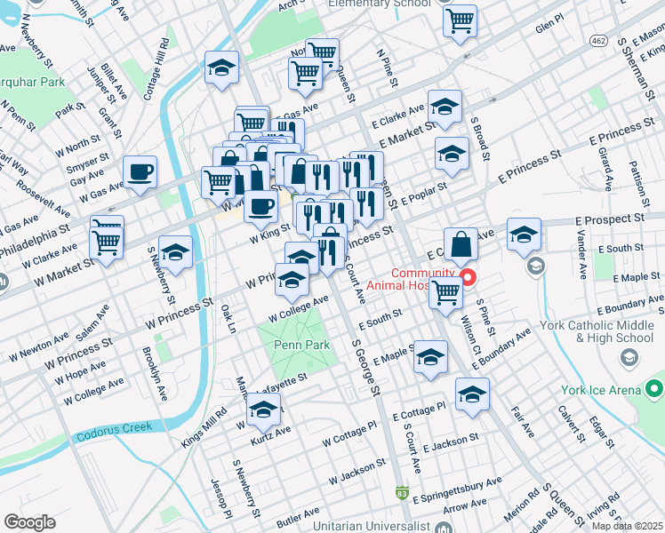 map of restaurants, bars, coffee shops, grocery stores, and more near 221 South George Street in York