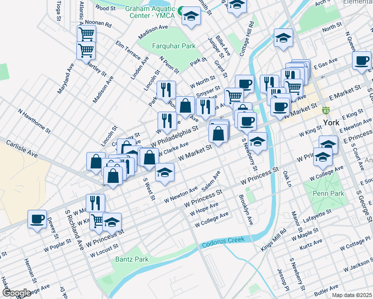map of restaurants, bars, coffee shops, grocery stores, and more near 466 West Philadelphia Street in York